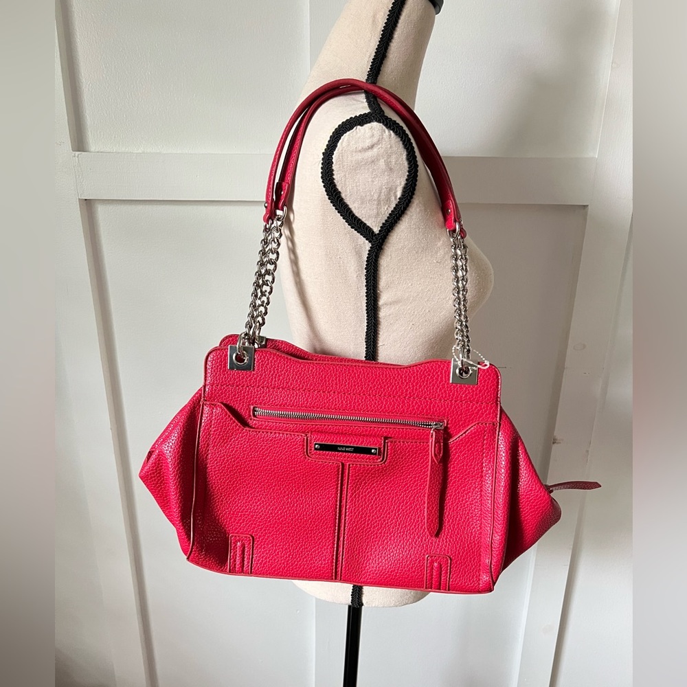 Red Nine West shoulder bag purse silver chain detail EUC